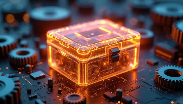 Clear glowing toolbox sits on motherboard with gears and circuits. Represents innovation, tech, and advanced engineering. Modern digital concept.