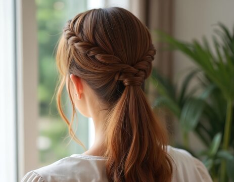 Woman with braided crown ponytail hairstyle looking out window. Elegant updo hair with smooth finish. Feminine style for formal event or daily wear.