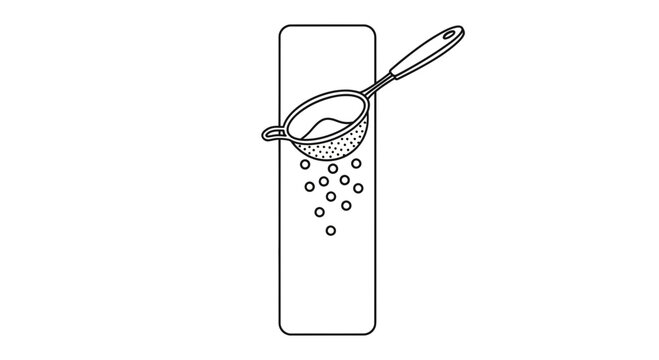 Black and white illustration depicting a hand held sifter dispersing granules over a flat platform