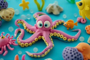 Obraz premium Cute baby octopus claymation playdough sea creatures blue background colorful underwater playful scene