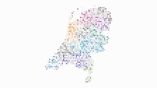 Netherlands animated country shape. Pulsating colored dots on the map of the country. Small size circle blocks. Digital style Netherlands map on white background. Classy animation video.