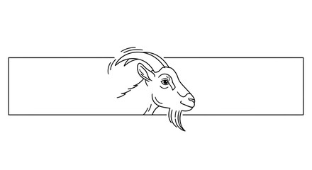 Fototapeta premium Minimalist line art illustration of a goat head peeking from a horizontal frame on a clean white
