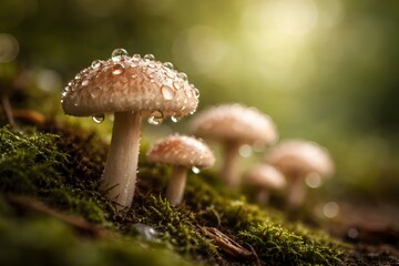 Fototapeta premium Dewy Mushroom Macro Background