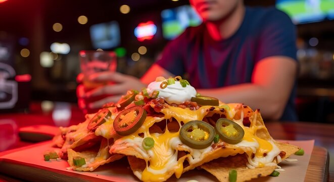 A plate of loaded nachos with cheese, jalapenos, and sour cream at a bar American food. USA food in 2026 soccer world championship.