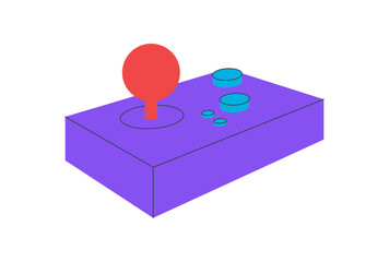 Retro arcade joystick sticker in flat style with vivid purple and red. Classic console controller and gamepad gadget for old videogame arcade game themes, perfect for entertainment or playful © moonnoon