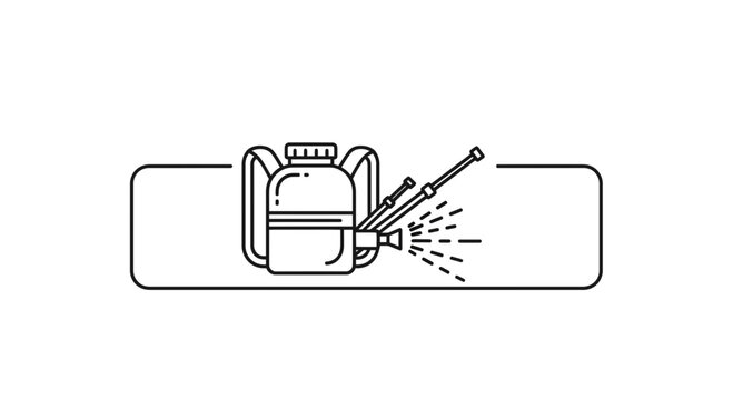 Detailed line art representation of a portable backpack sprayer actively dispersing liquid from