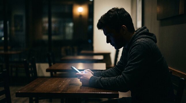 Young man sits alone in a dimly lit caf&eacute;, engrossed in his smartphone
