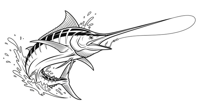 Dynamic Black and White Marlin Jumps from Ocean Water on Fishing Line Illustration Vector Art