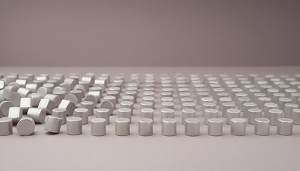 Naklejka premium Abstract industrial pattern of metallic silver cylinders arranged in a transition from chaotic scattering to organized geometric rows on a gray background.