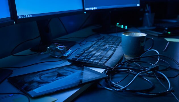 Dark technology workspace featuring multiple computer monitors and a cluttered desk with a coffee mug and tangled cables in blue ambient lighting
