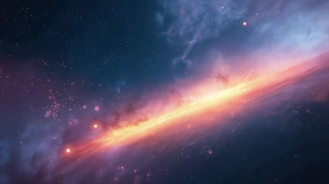 Glowing galaxy nebula with dust lane, radiant stars and dreamy orange orbs in deep space