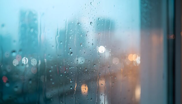Water droplets on a glass window with blurred city street lights at night creating a peaceful rainy day atmosphere and cozy wallpaper