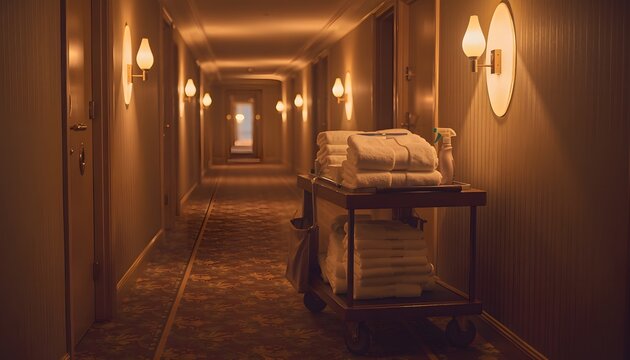 A long dimly lit hotel corridor with warm wall sconces and a housekeeping cart filled with fresh white towels for service