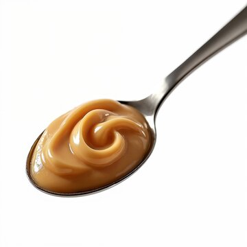 Spoon holds smooth creamy peanut butter with swirl. Tasty nutty spread for breakfast or snack. Delicious spreadable paste on white background.
