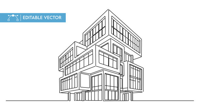 Modern architectural vector illustration of a unique building design with geometric forms and many windows.