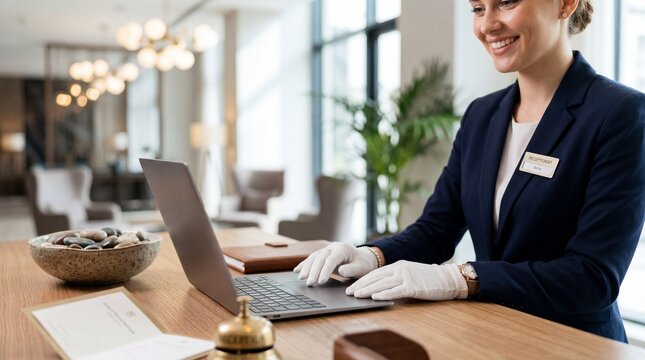 Professional Hotel Receptionist Working on Laptop at Lobby Desk