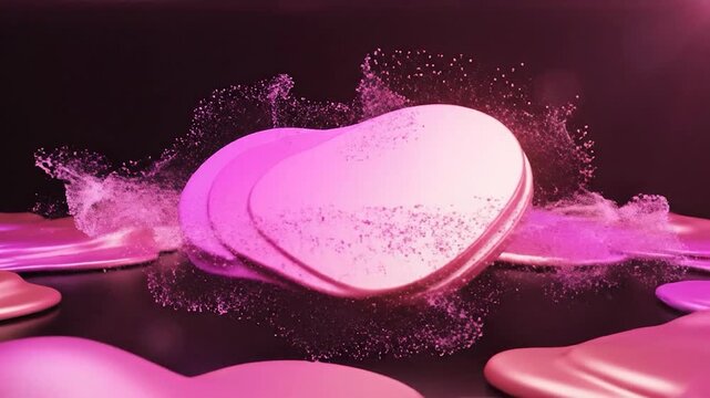 Abstract pink particles swirling around smooth, glossy heart-shaped objects on a dark background, creating a sense of motion and elegance