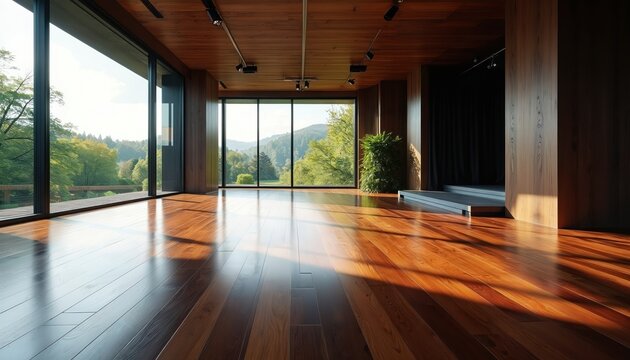 Modern hall with polished wood floor and large windows. Natural light streams in, reflecting off the shiny surface. Rich green landscape visible outside. Empty versatile space for events.