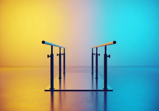 A professional rehabilitation facility features sturdy parallel bars on a polished floor designed for improving gait and physical mobility, institutional, restoration, clinical