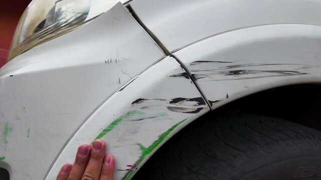 Close up of car damage with scratches and dents