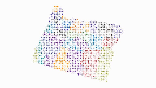 Oregon animated shape. Pulsating colored dots on the map of the state. Small size circle blocks. Digital style Oregon map on white background. Artistic animation video.