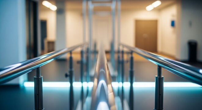 A detailed close up of polished metal parallel bars within a modern rehabilitation center, illustrating a path for mobility and recovery, wellness, physical therapy, motion