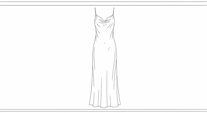 Elegant long slip dress technical flat sketch with delicate cowl neck detail for fashion design