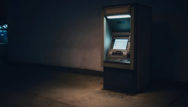 Modern automated teller machine standing in a dark urban environment at night with a bright glowing screen illuminating the surrounding concrete wall