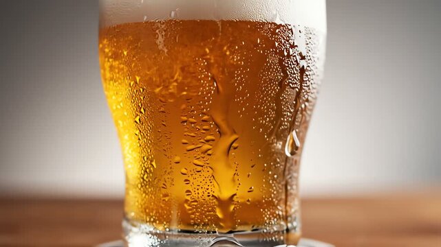 Close-up of a refreshing cold beer with frothy head and condensation on glass