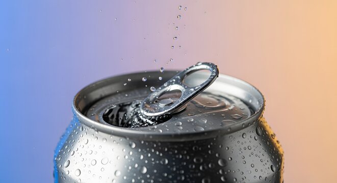 Close up of a cold aluminum soda can being opened with the silver pull tab lifted and fresh water droplets splashing high
