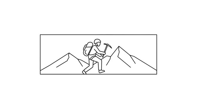 Minimalist line art illustration of a person mountain climbing with an ice axe exploring peaks and