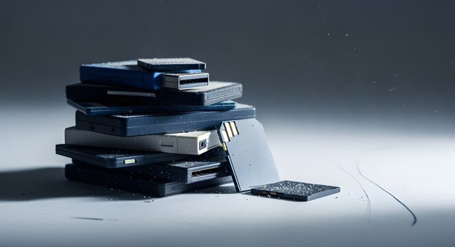 A pile of various digital storage devices including memory cards and flash drives covered in fine dust representing obsolete technology and data recovery