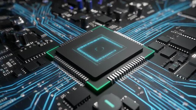 Close-up view of a complex electronic circuit board with glowing blue traces.