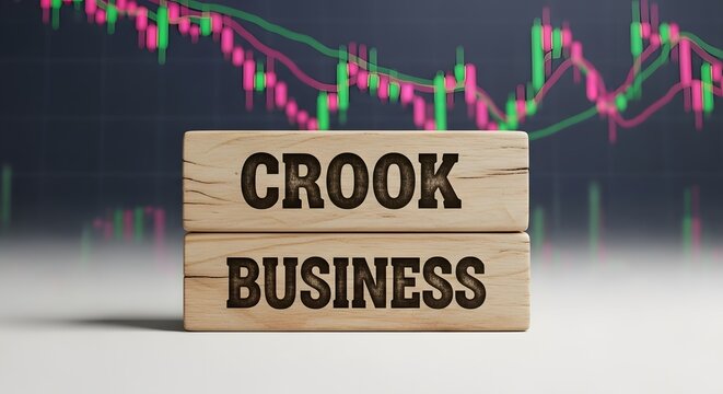 Crook Business Concept: Wooden Blocks with Stock Market Chart Background
