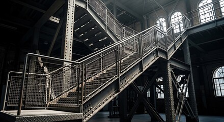 Naklejka premium Industrial metal staircase with grid railings in an old factory building