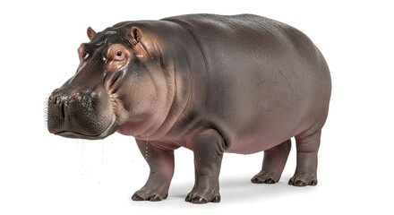 Obraz premium A full body shot of a large hippopotamus standing on a plain white background showing its thick skin and powerful build