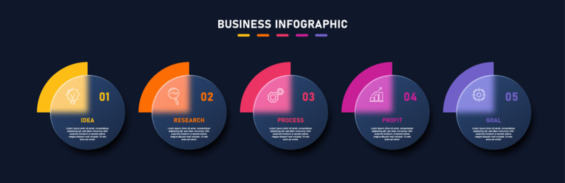 Creative business infographic template featuring 5 steps with semi circle shapes and glass morphism circular elements. Designed with vibrant gradient colors and clean layout