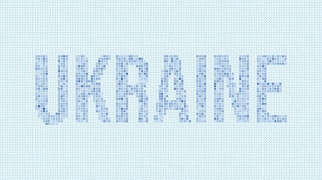 Ukraine dotted map animation. Digital style shape of the country. Ukraine shape and title dots appear with bulb flickering effect. Intro, outro, logo, title video.