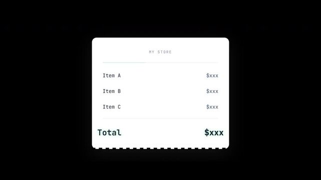 Minimalist interface displays itemized charges and total sum before a green stamp confirms a successful digital payment.