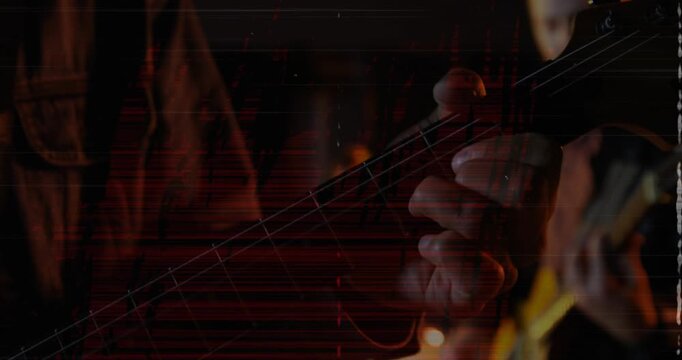 Music duo jamming pick hitting strings causing fretting, zooming to neck, glitching lines over fret