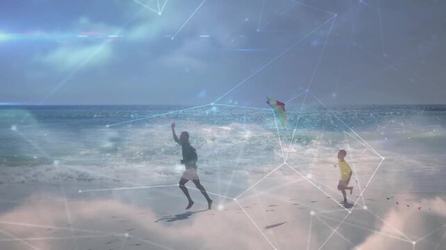 Adult man and boy running shore, launching kite for bonding, tech net overlay spanning over runners