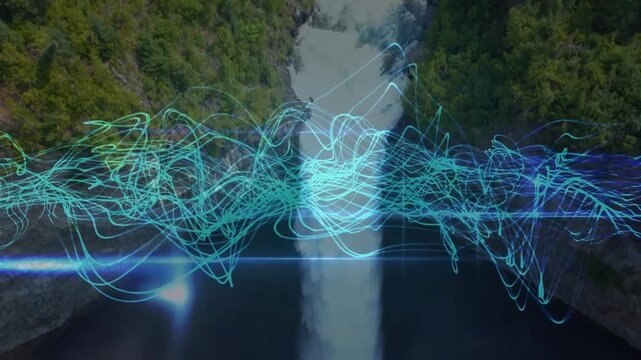 Animated cyan waveform moving across midline, peaking over waterfall and enhancing mist for tech