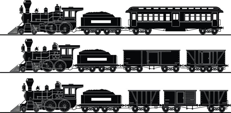 Classic, black silhouette vector illustration of vintage steam locomotive trains, featuring coal tenders, passenger cars, and freight boxcars on tracks.
