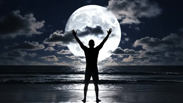 Silhouette of a man standing with arms outstretched under a glowing full moon at night