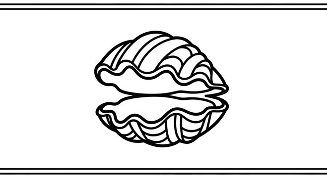 Minimalist ocean-themed black and white line drawing of an open clam shell for marine designs