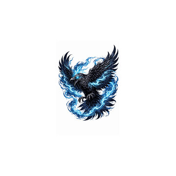 Corvo mistico con fiamme blu  in stile fantasy e tatuaggio. Generative AI 