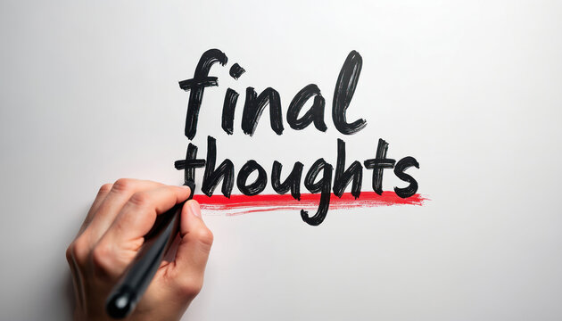 Hand writes final thoughts with red line underneath on white background. Concludes ideas with summary, review, or decision. Highlights end of project or argument.