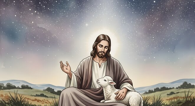 Serene celestial depiction of Christ the shepherd sitting under a vast nocturnal starry sky offering divine spiritual protection to a young lamb in a peaceful landscape of light and grace.