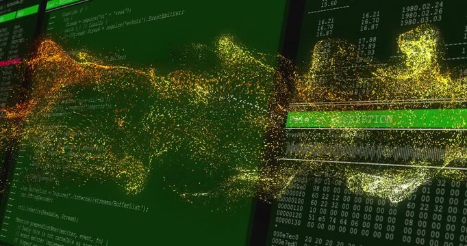 Data flow moving across code panel reacting to File  ENCRYPTION selection, showing hex security