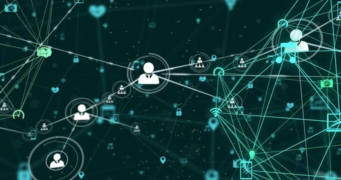 Line from center avatar starting tech network, avatar linking nodes and adding icons showing growth